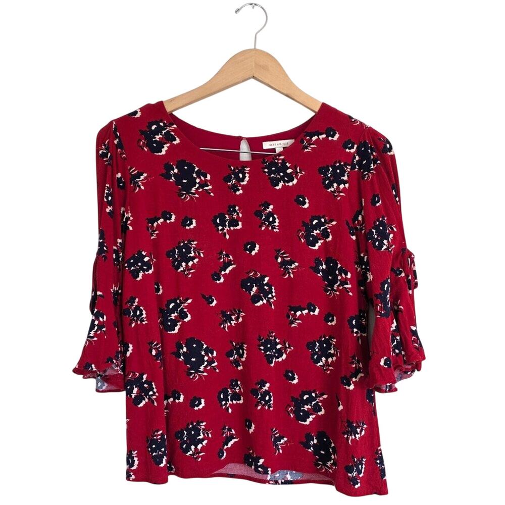 Skies Are Blue Medium Red Floral Print 3/4 Tie Sleeve Blouse Rayon Top Keyhole